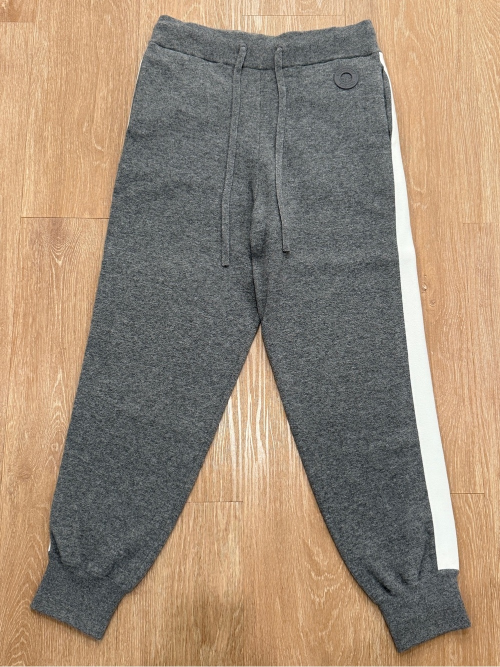 Burberry Wool Cashmere Blend Knit Jogging Pants Grey White Stripe Logo Size L